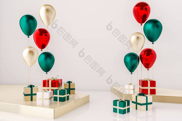 红色、绿色和金色气球的组成与礼品盒在白色背景下分离