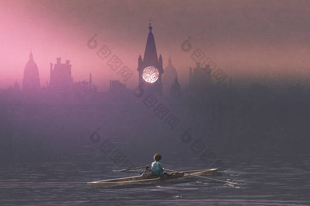 男孩划船在海和薄雾与古城堡在背景, <strong>数字</strong>艺术<strong>样式</strong>, 例证绘画