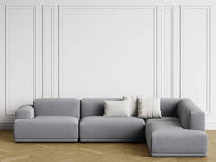 现代斯堪的纳维亚设计沙发在室内。墙壁与装饰, 地板木地板的人字形。复制空间, 样机内部。数字插图. 3 d 渲染