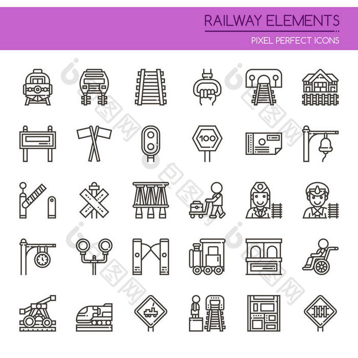 铁路元素、 细线和像素完美图标