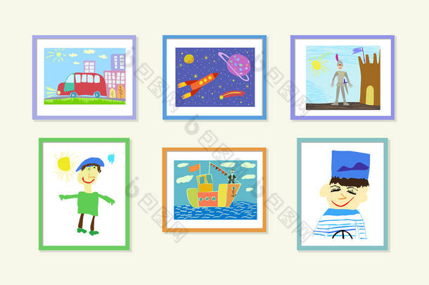 插图与彩色儿童图片在框架, 挂在墙上的图像。汽车, 宇宙飞船, 城堡附近的骑士, 男孩的画像, 海上的船, 水手的画像.