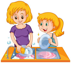 帮助妈妈洗碗的女孩