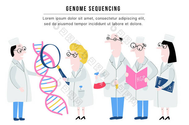 探索 Dna 结构的科学家。在载体中提出的手绘基因组测序概念。人类基因组计划