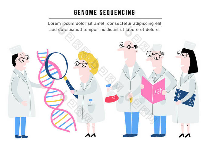 探索 Dna 结构的科学家。在载体中提出的手绘基因组测序概念。人类基因组计划