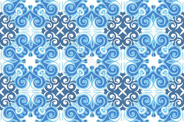 <strong>蓝色</strong>的花阿苏莱霍斯模式。来自摩洛哥、 葡萄牙瓷砖无缝<strong>拼接</strong>图案. 