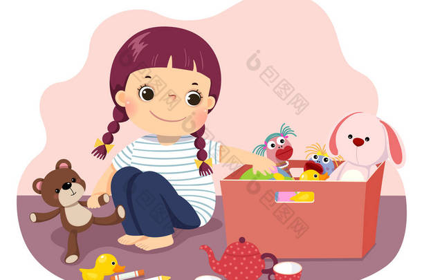 一个小女孩把她的玩具放进盒子里的矢量漫画