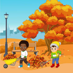 城市公园内可爱儿童义工清理秋叶的图解