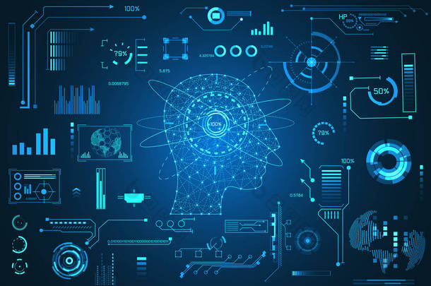 抽象技术用户界面未来概念头人数显界面全息图元素数字<strong>数据图</strong>, 通信, 圈子百分比<strong>科技</strong>未来设计背景的生命力创新