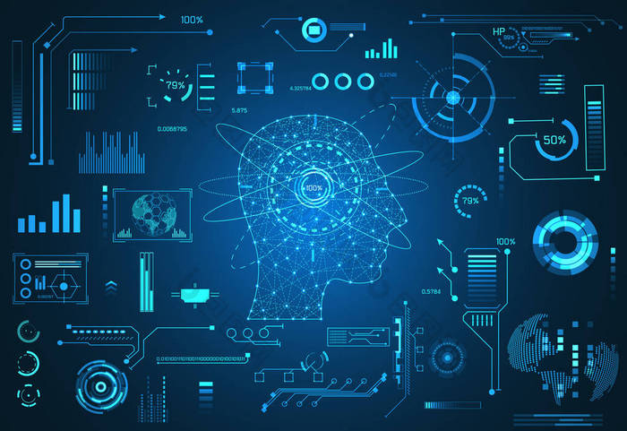 抽象技术用户界面未来概念头人数显界面全息图元素数字数据图, 通信, 圈子百分比科技未来设计背景的生命力创新