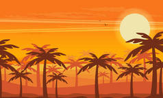 五颜六色的背景与棕榈剪影和明亮的太阳