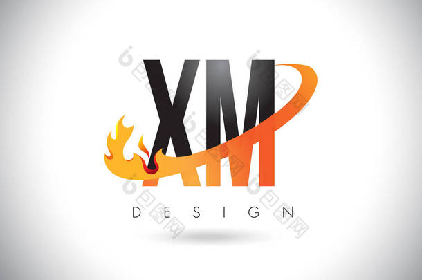 Xm X M <strong>字</strong>母标志用火火焰设计和橙色旋风.