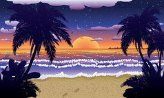 日落海滩与棕榈树上