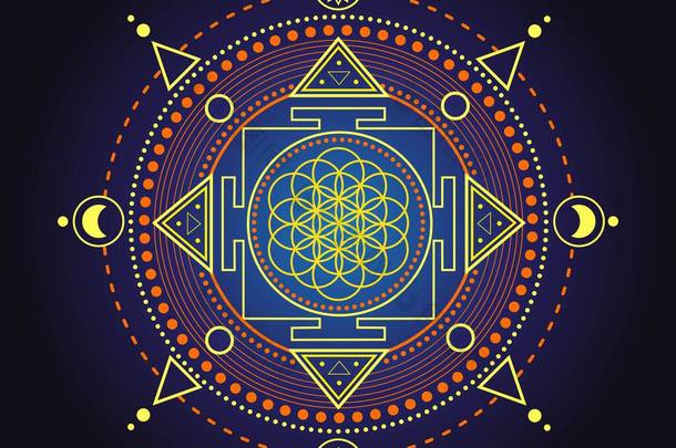 矢量金单色设计抽象曼陀罗生命之花神圣的几