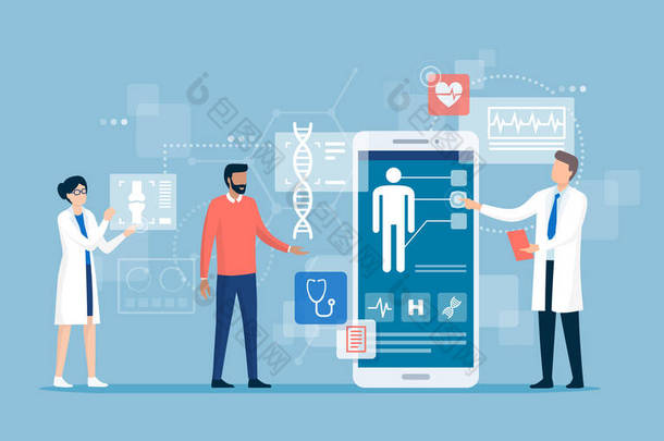 使用智能手机的医疗应用、在线医疗咨询和技术概念对病人进行检查的医生