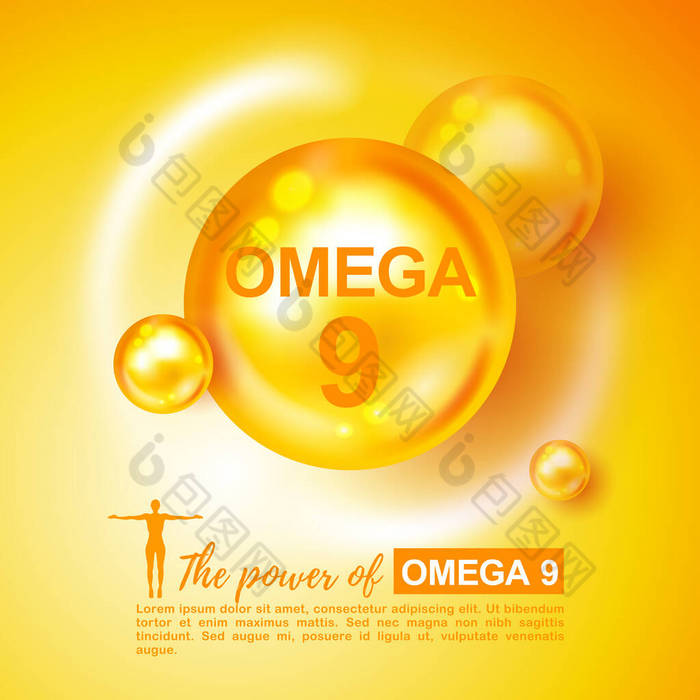 维生素Omega 9载体说明。维生素Omega-9脂肪酸黄金闪光丸。Omega -9 。维生素配合化学式营养补充剂。闪烁着金黄色的物质滴。Omega-9