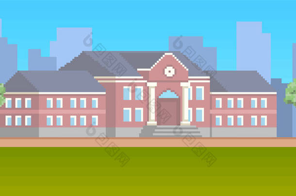 8bit像素的<strong>艺术学校</strong>大楼，前面是绿色草坪。电子游戏设置的校园背景