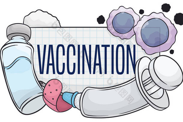 <strong>有方</strong>形标志的横幅，用于促进疫苗接种和进行疫苗接种的要素：注射器、疫苗瓶、圆形药膏、棉垫和淋巴细胞.