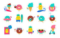 甜美的夏日-可爱的冰淇淋, 西瓜和甜甜圈的人物玩得开心