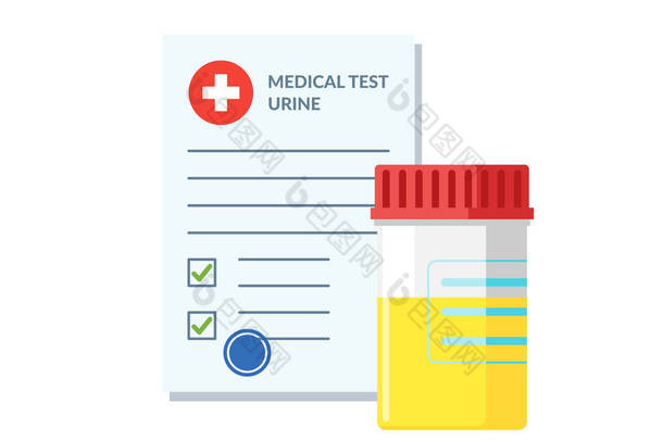 塑料罐尿测试和医疗表格<strong>清单</strong>与结果数据和批准的复选标记载体插图。平面临床检查表文件与尿毒症。保险或医疗服务概念