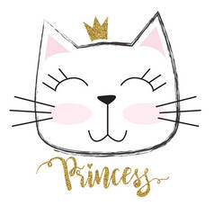 可爱的公主猫,头戴闪闪发光的皇冠.印刷、婴儿用品、 T恤衫、童装或包装纸.有创意的女孩原创设计