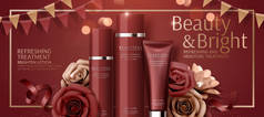 有吸引力的化妆品横幅广告与纸玫瑰在红色 bokeh 背景在3d 例证