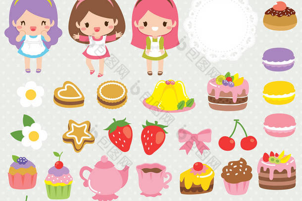 由女孩、糖果、蛋糕、茶杯和花边饰品组成的精美食物小团体