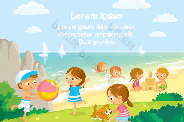 小女孩在和小狗在玩。小女孩和男孩在玩球。孩子们在海里游泳。海滩上的孩子们正在建造一座沙堡..