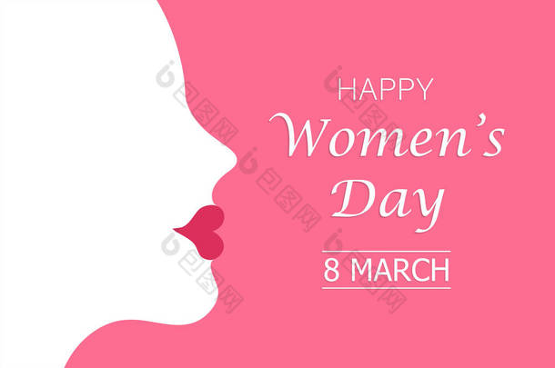 用红色口红勾勒出一个女人的轮廓，并在粉色背景上复制空白处的文字。Womens Day 8 March concept vector illustration