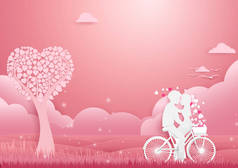 剪纸艺术，情侣自行车概念浪漫的爱情。情人节背景