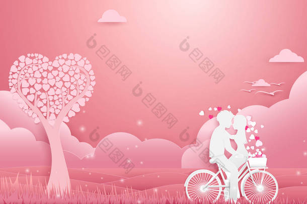 剪纸艺术，情侣自行车概念浪漫的爱情。情人节背景