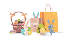 带着彩蛋篮和购物袋的可爱兔子快乐的东方春假作文