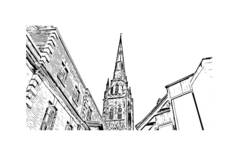 带有考文垂地标的平面建筑景观是英国的城市。手绘草图
