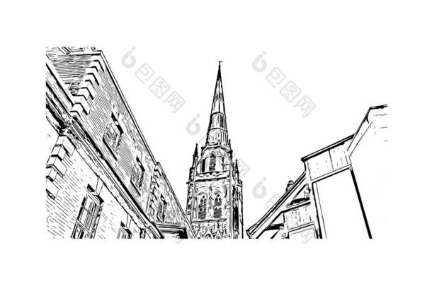 带有考文垂地标的平面建筑景观是英国的城市。手绘草图