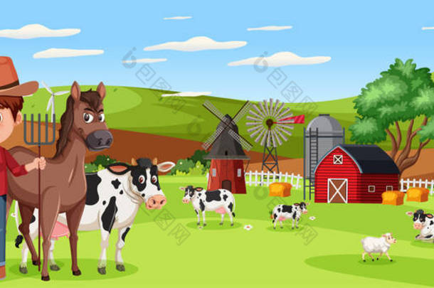 家庭在自然农场与农场动物横向景观在白天的时间图解