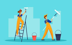 两个画家在画墙壁。一个工人站在梯子上.维修和内部翻修服务载体概念.