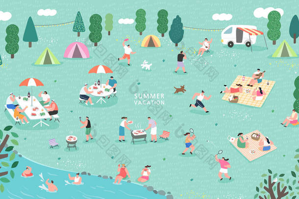夏令营的节日。住在帐篷、旅行拖车和野营车、户外做饭和吃饭、玩耍、聊天的人或游客