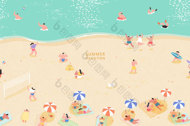 在海滩或海滨休息和进行室外休闲活动的人- -日光浴、<strong>谈话</strong>、散步、在海里或海里游泳
