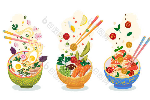 食物套餐。热菜配面意大利面，米饭配鱼和蔬菜，亚洲拉面配蛋，用色彩艳丽的民间深碗盛。飞行配料、配料和筷子