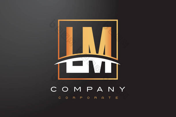 Lm L M 金色字母标志设计与黄金广场和旋风.