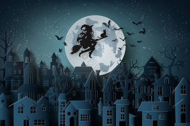 《快乐的万圣节》纸艺, 女巫骑着扫帚在废弃的村庄上空飞翔.