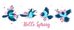 有喜鹊和樱花的横幅。订阅Hello Spring .vector图像.