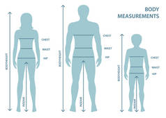 Silhouttes 的人, 妇女和男孩全长与测量线的身体参数。男子, 妇女和儿童尺寸测量。人体测量和比例.