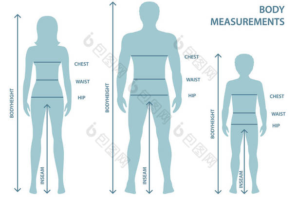 Silhouttes 的人, 妇女和男孩全长与测量线的身体参数。男子, 妇女和儿童尺寸测量。人体测量和比例.