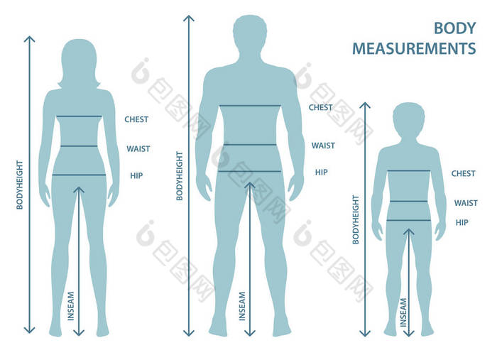 Silhouttes 的人, 妇女和男孩全长与测量线的身体参数。男子, 妇女和儿童尺寸测量。人体测量和比例.