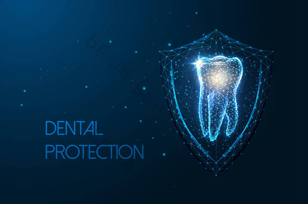 具有发光的低多边形<strong>磨牙</strong>和保护盾的未来牙齿保护概念