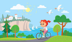 女孩骑自行车。夏天的冥想背景。海滨景观.