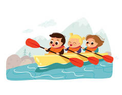 独木舟上的孩子暑期活动。学童皮划艇.