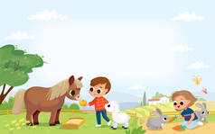 孩子们喂农场里的动物.