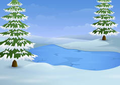 冬季景观与冰冻湖泊和冷杉树