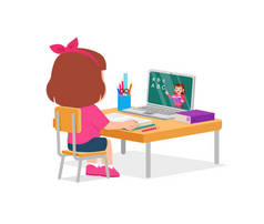 快乐可爱的小孩在家上学，带着电脑笔记本电脑连接到网上学习和课程。网上电子学习部分
